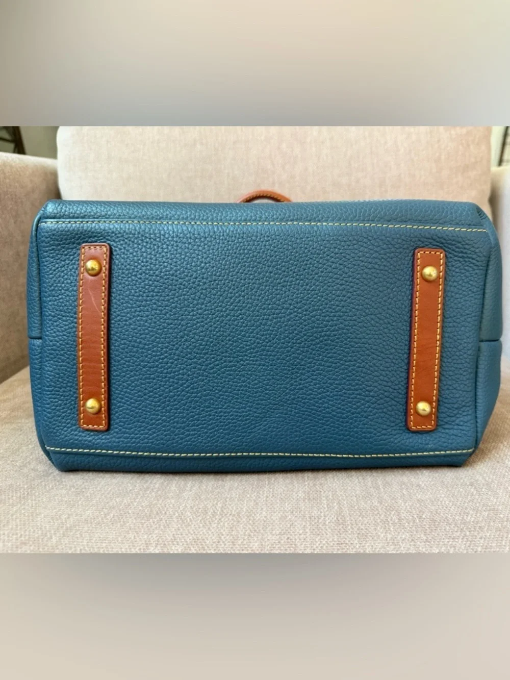 Dooney & Bourke Dillen Satchel Denim Pebbled Leather Brown Trim Crossbody Strap